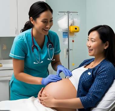 labor nurse teaching her patient.